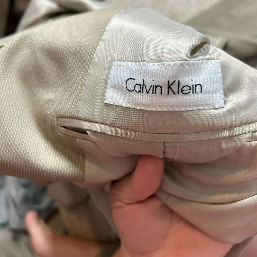Calvin Klein Beige Pinstripe Blazer Jacket Size 40R Regular Fit